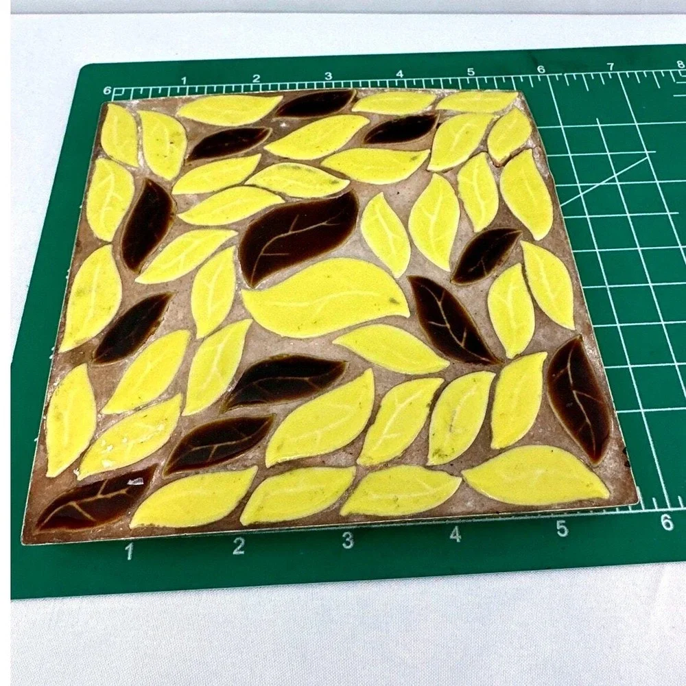 Vintage Mid-Century Yellow Brown Leaves Mosaic‎ Tile Trivet Hot Plate Pots Pans